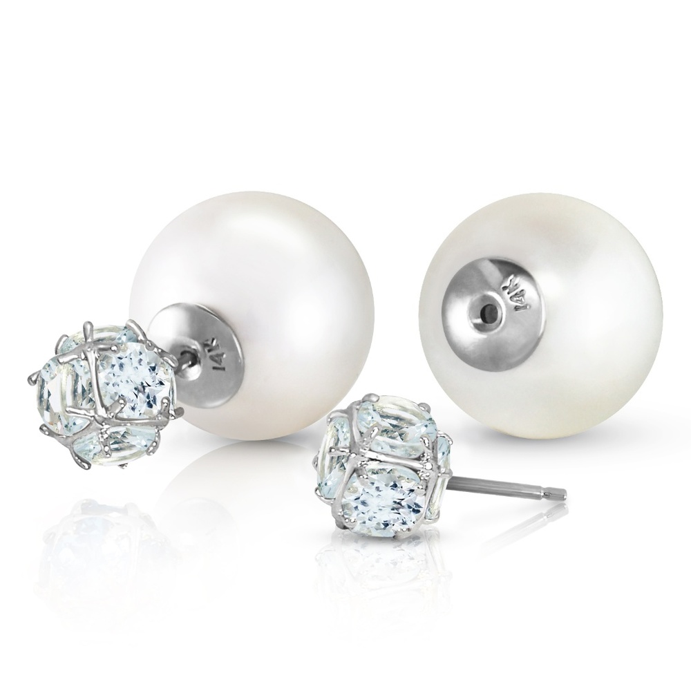 SHELL PEARLS AND AQUAMARINES STUD EARRINGS - Picture 2 of 6